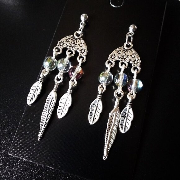 Handmade & Unique! Feathers + Shimmering Beads! Boho Dangle Chandelier Earrings - Picture 1 of 6